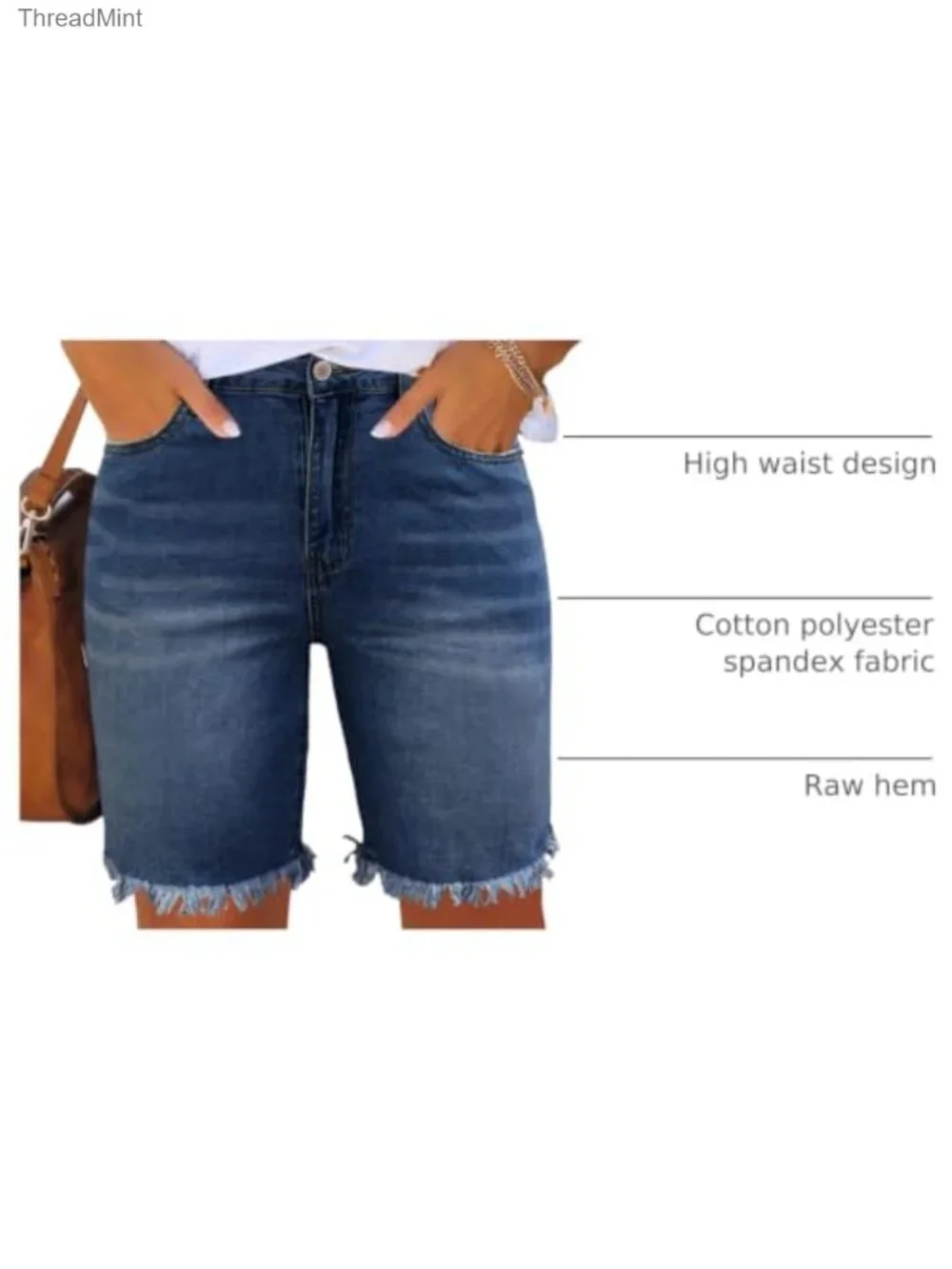 Frayed Ripped Bermuda Denim Shorts High Rise Stretchy Cotton Spandex